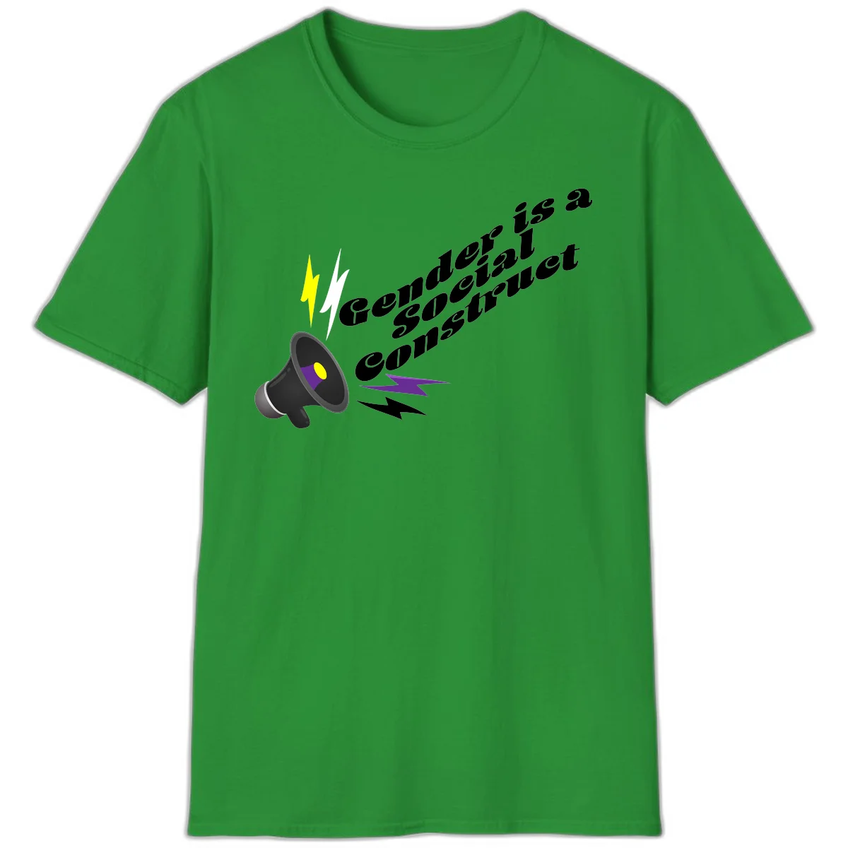 Megaphone with yellow and purple sound waves and lightning bolts next to text reading 'Comedian Special Announcement' in italicized black lettering on gray background in Irish Green