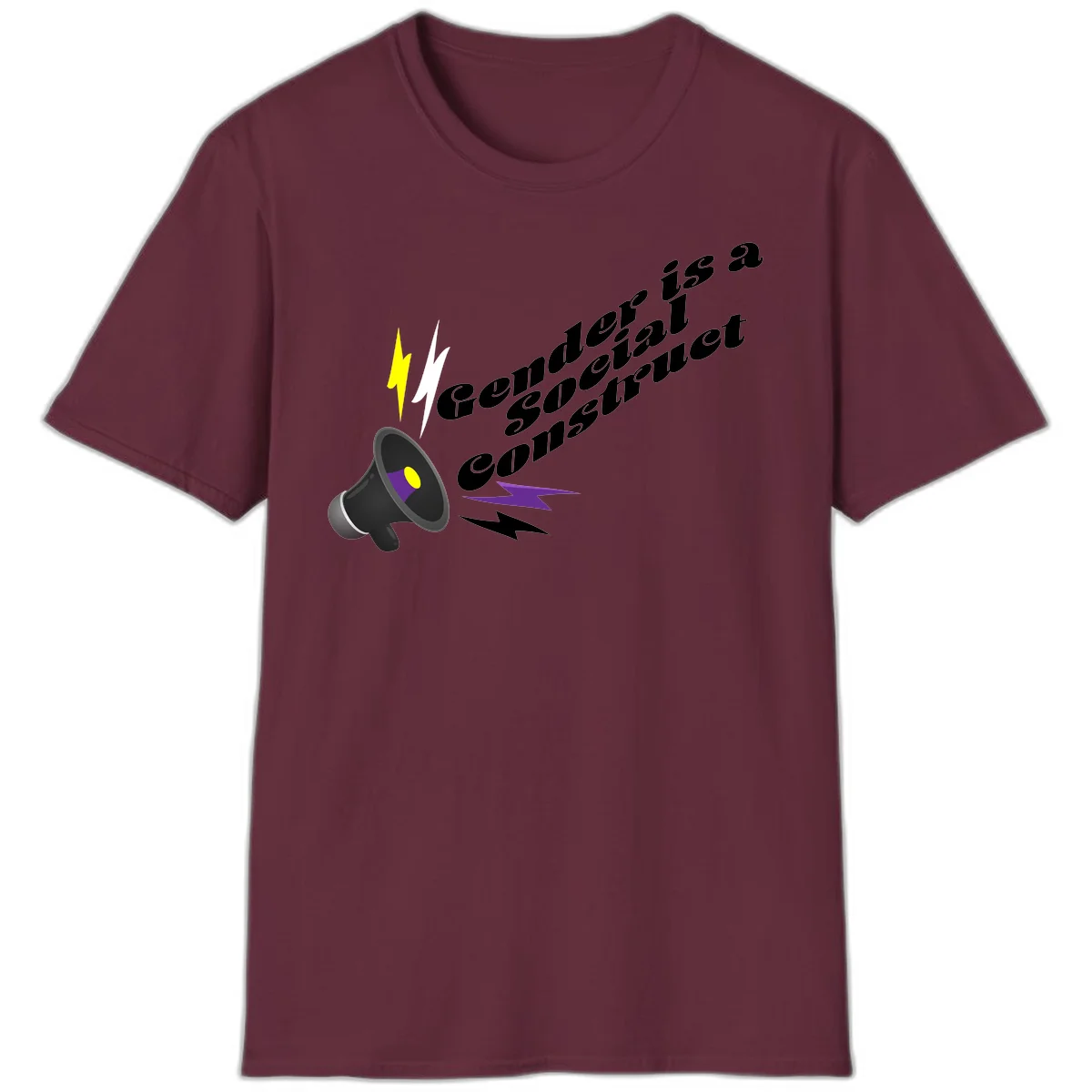 Megaphone with yellow and purple sound waves and lightning bolts next to text reading 'Comedian Special Announcement' in italicized black lettering on gray background in Maroon