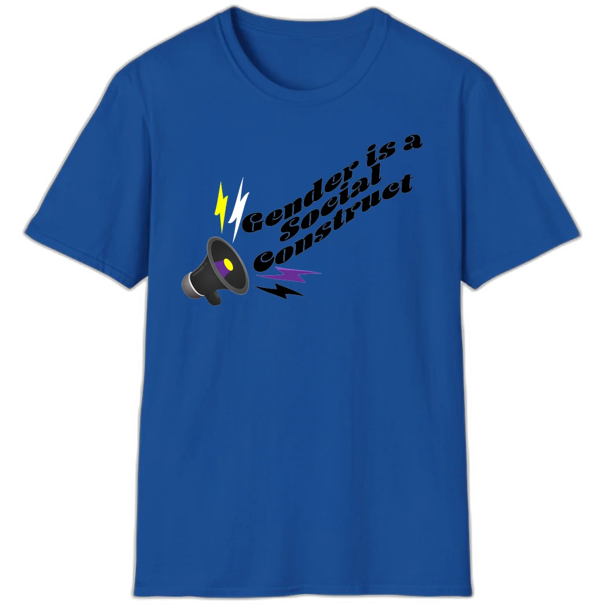 Megaphone with yellow and purple sound waves and lightning bolts next to text reading 'Comedian Special Announcement' in italicized black lettering on gray background in Royal
