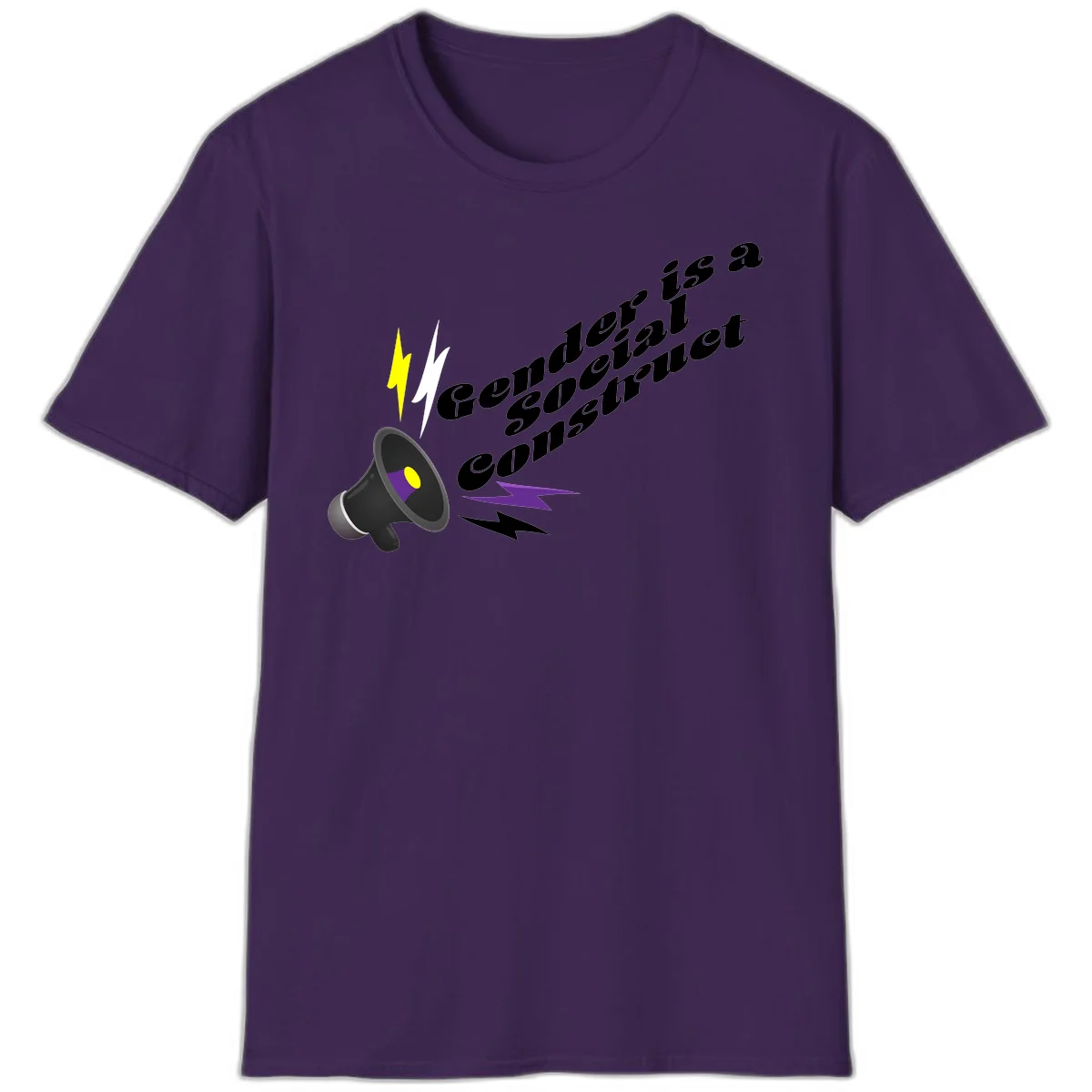 Megaphone with yellow and purple sound waves and lightning bolts next to text reading 'Comedian Special Announcement' in italicized black lettering on gray background in Purple