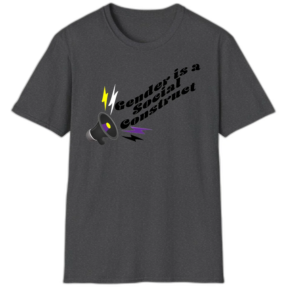 Megaphone with yellow and purple sound waves and lightning bolts next to text reading 'Comedian Special Announcement' in italicized black lettering on gray background in Dark Heather