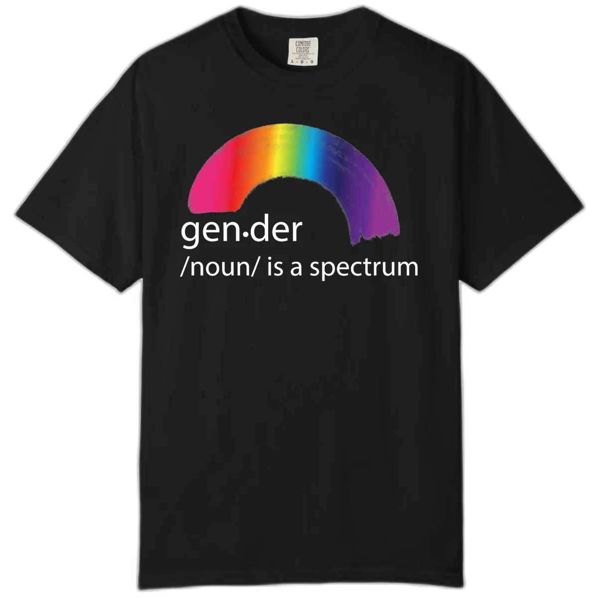 Rainbow arc with text 'gen.der /noun/ is a spectrum' celebrating gender diversity and LGBTQ pride in Black
