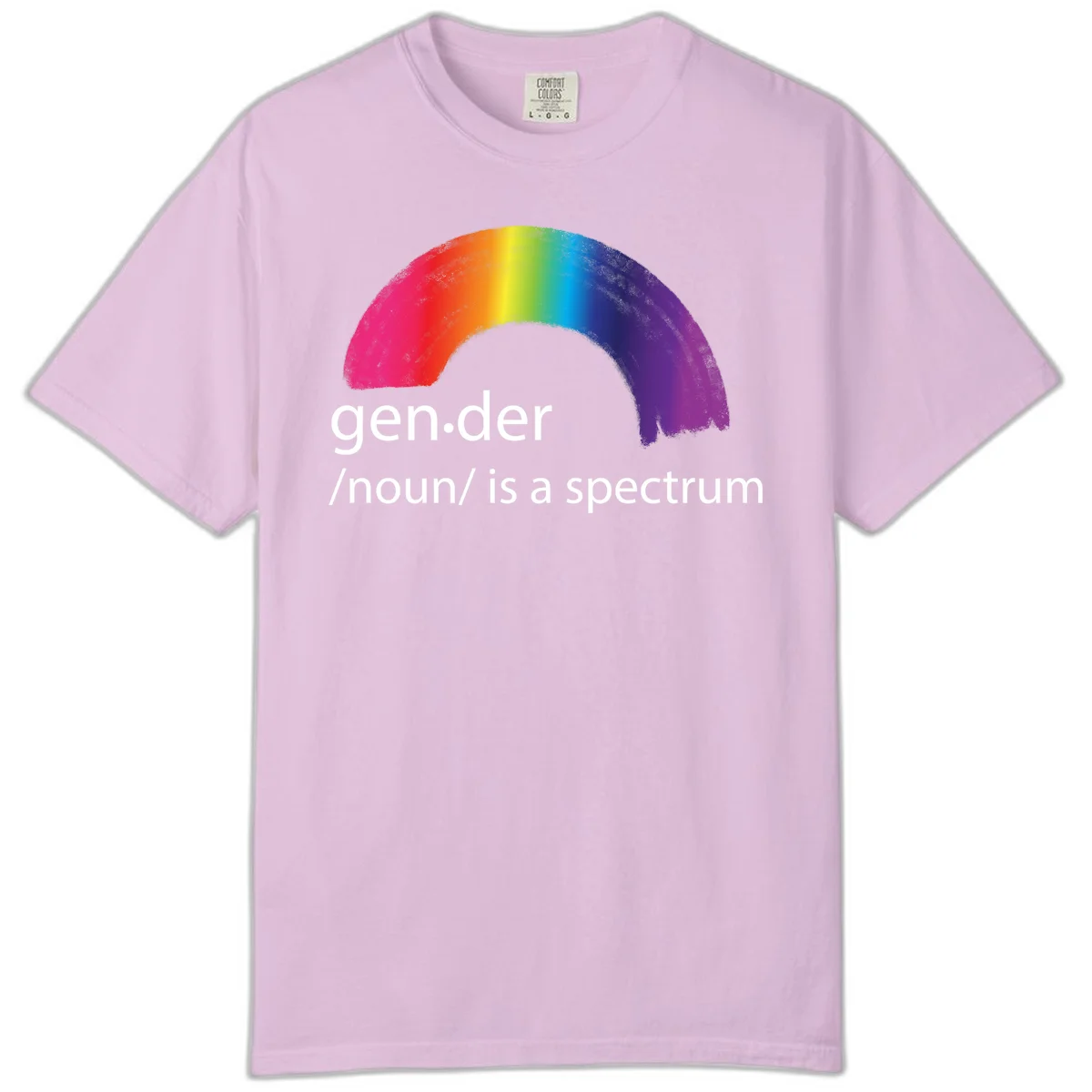 Rainbow arc with text 'gen.der /noun/ is a spectrum' celebrating gender diversity and LGBTQ pride in Orchid