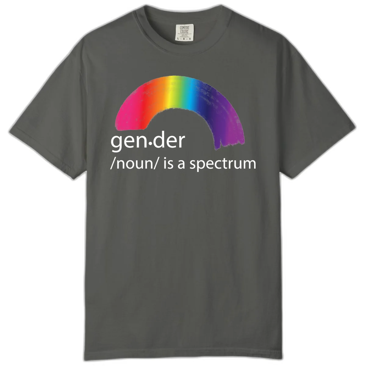 Rainbow arc with text 'gen.der /noun/ is a spectrum' celebrating gender diversity and LGBTQ pride in Pepper
