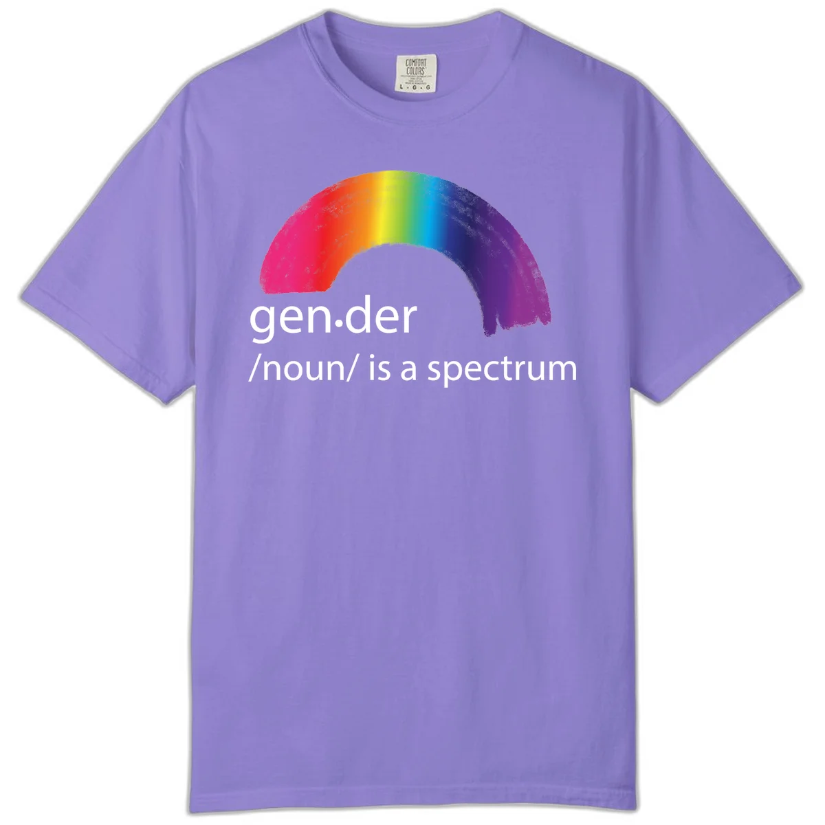 Rainbow arc with text 'gen.der /noun/ is a spectrum' celebrating gender diversity and LGBTQ pride in Violet