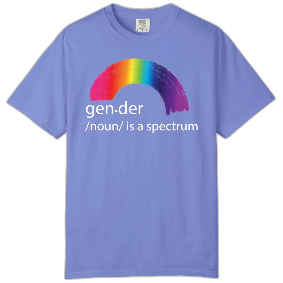Rainbow arc with text 'gen.der /noun/ is a spectrum' celebrating gender diversity and LGBTQ pride in Flo Blue