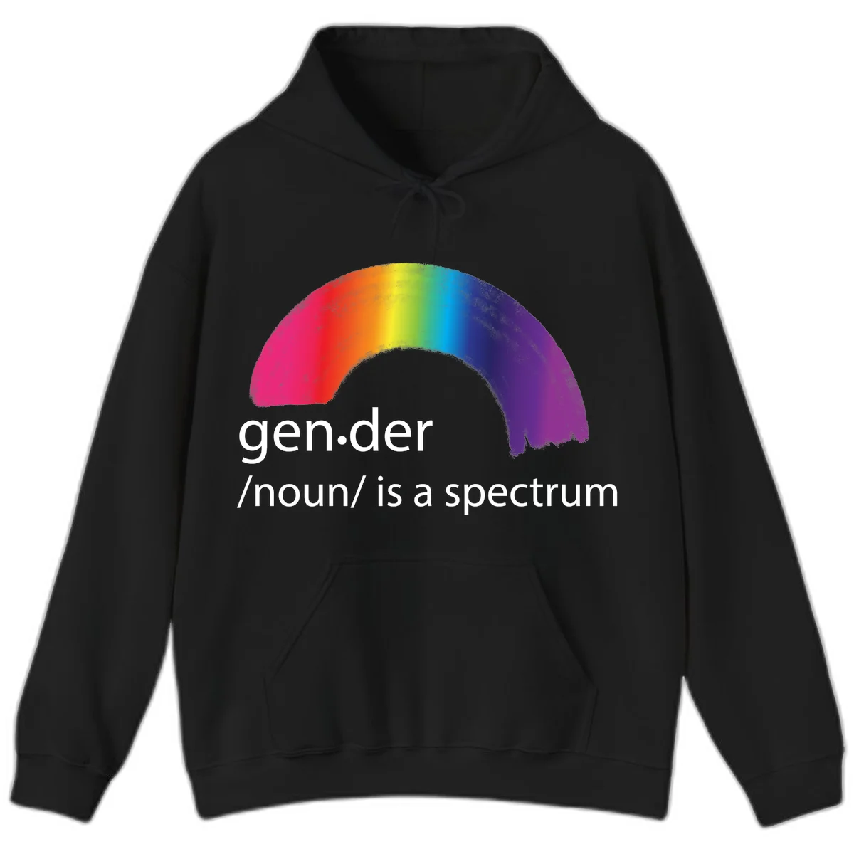 Rainbow arc with text 'gen.der /noun/ is a spectrum' celebrating gender diversity and LGBTQ pride in Black