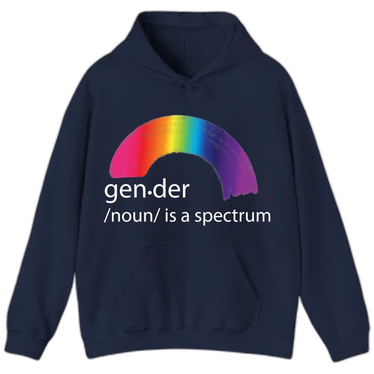 Rainbow arc with text 'gen.der /noun/ is a spectrum' celebrating gender diversity and LGBTQ pride in Navy