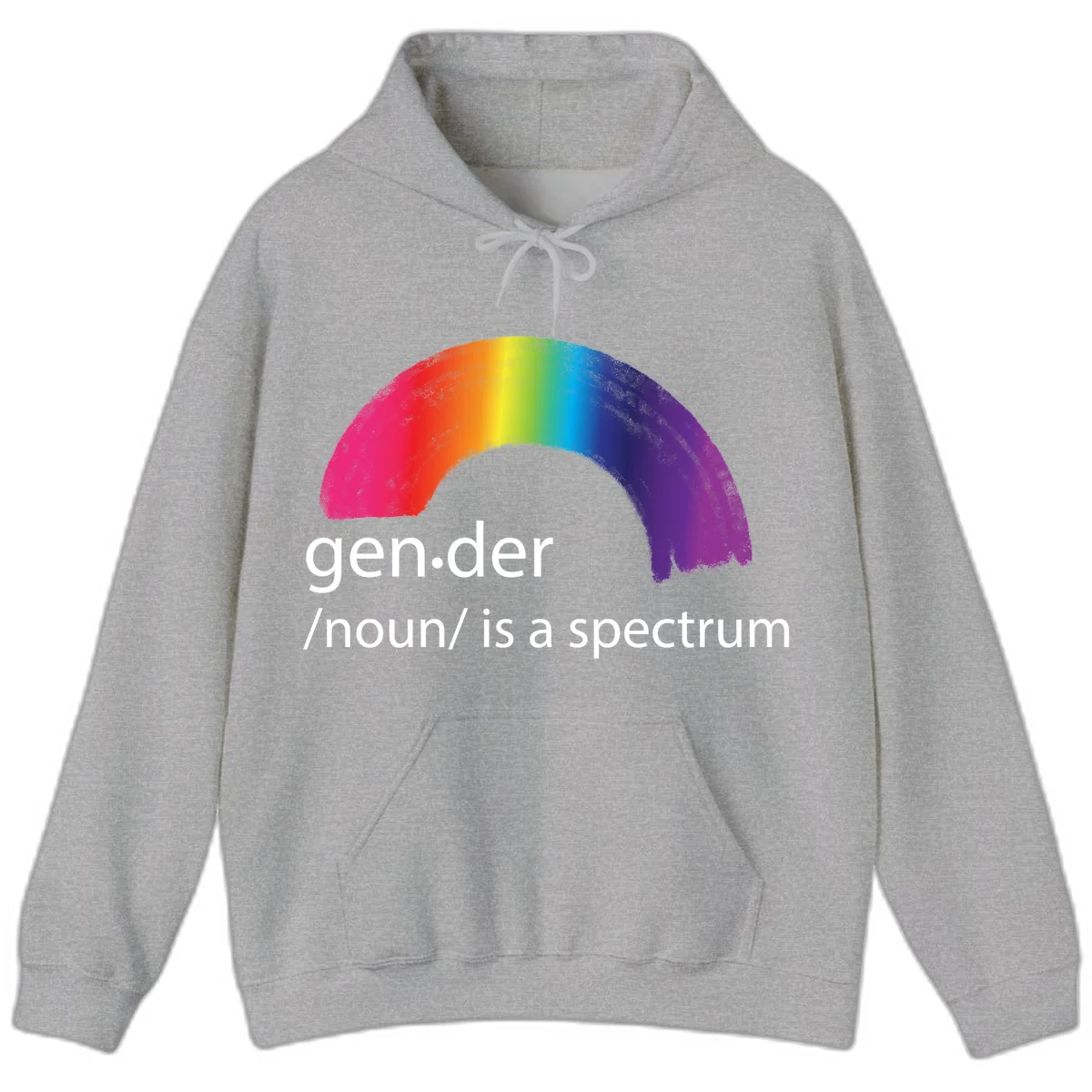 Rainbow arc with text 'gen.der /noun/ is a spectrum' celebrating gender diversity and LGBTQ pride in Sport Grey