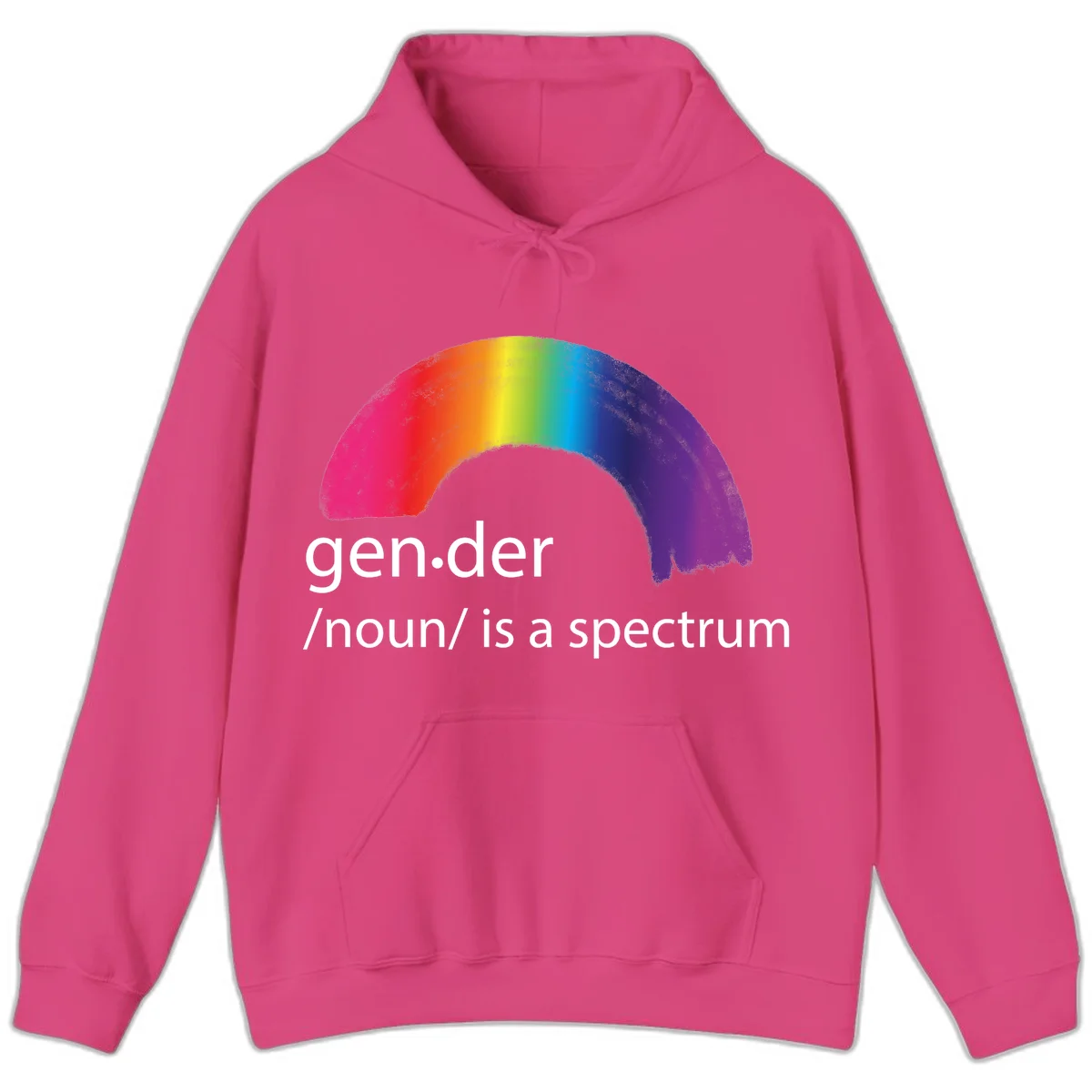 Rainbow arc with text 'gen.der /noun/ is a spectrum' celebrating gender diversity and LGBTQ pride in Heliconia