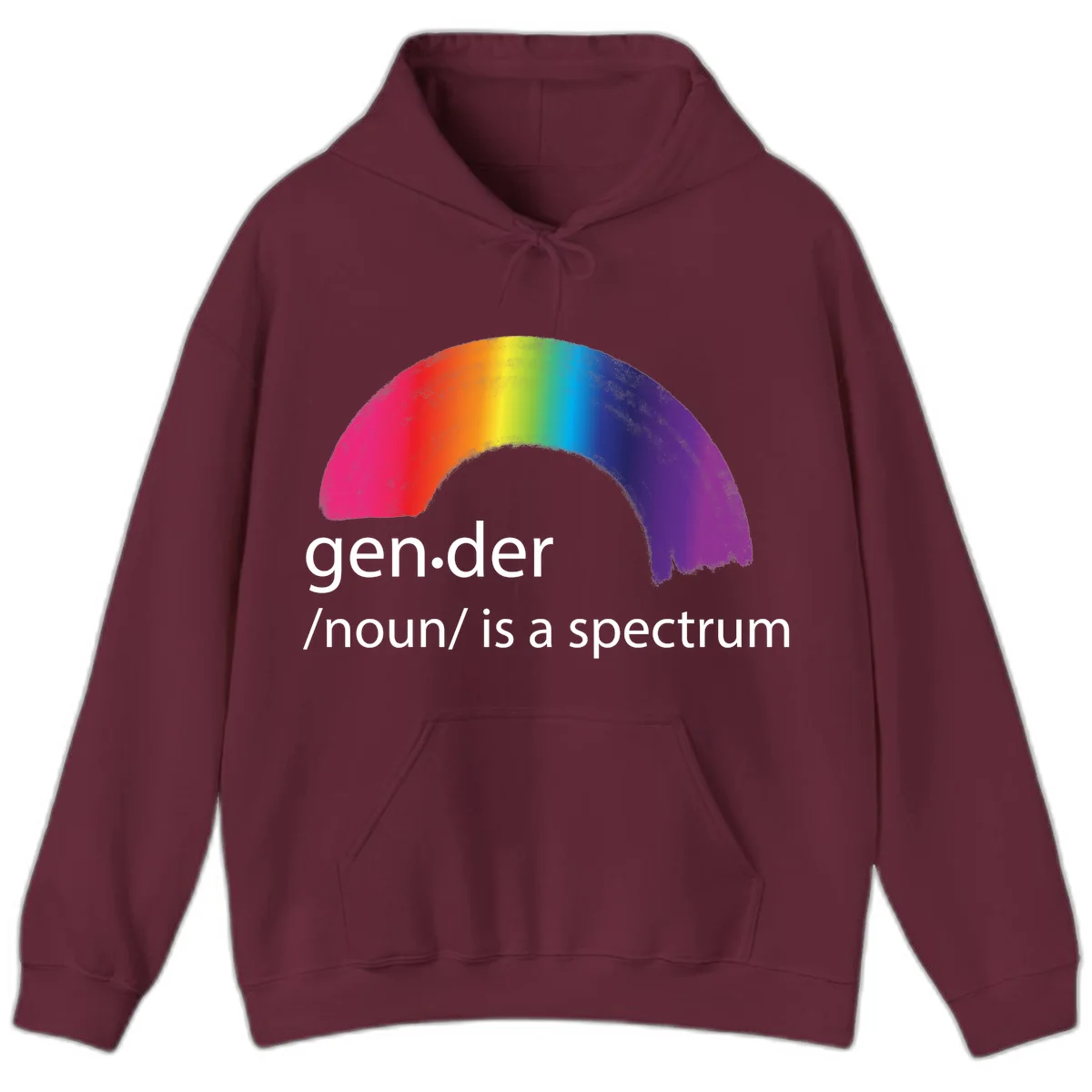 Rainbow arc with text 'gen.der /noun/ is a spectrum' celebrating gender diversity and LGBTQ pride in Maroon