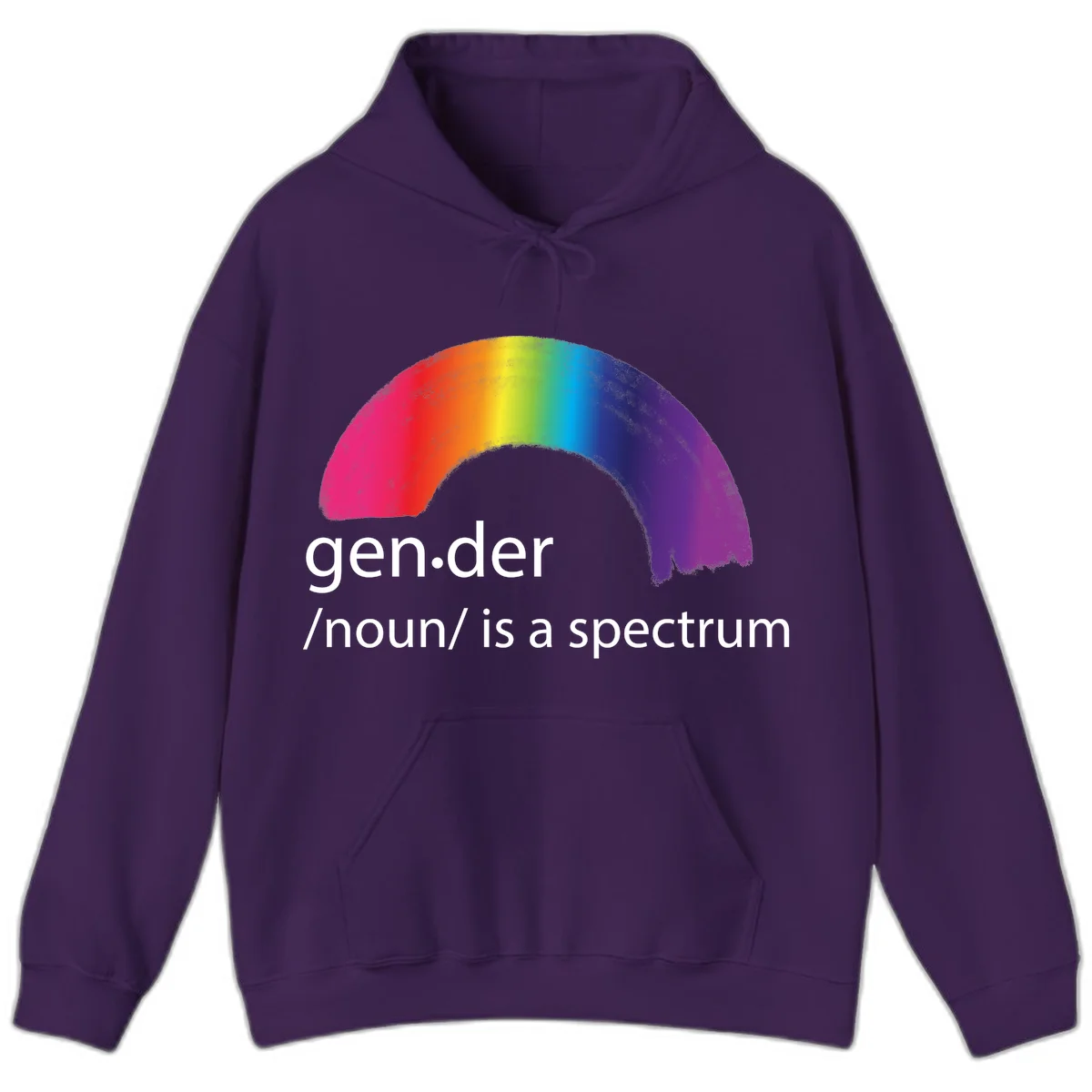 Rainbow arc with text 'gen.der /noun/ is a spectrum' celebrating gender diversity and LGBTQ pride in Purple