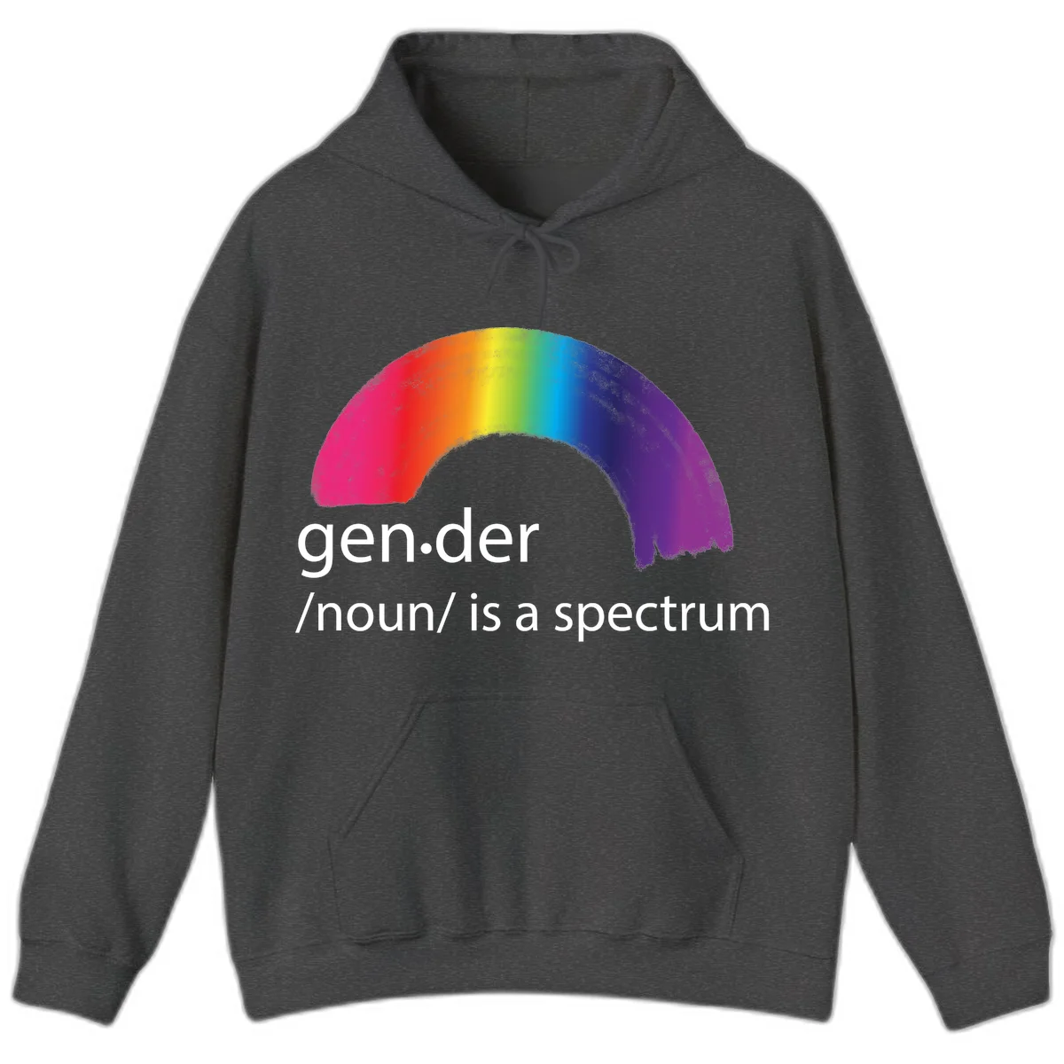 Rainbow arc with text 'gen.der /noun/ is a spectrum' celebrating gender diversity and LGBTQ pride in Dark Heather