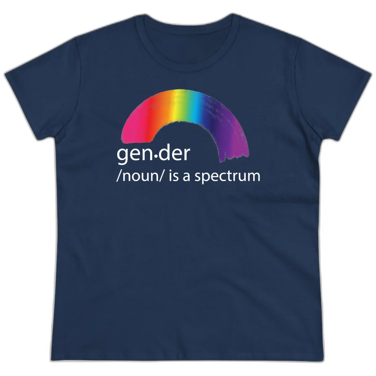 Rainbow arc with text 'gen.der /noun/ is a spectrum' celebrating gender diversity and LGBTQ pride in Navy