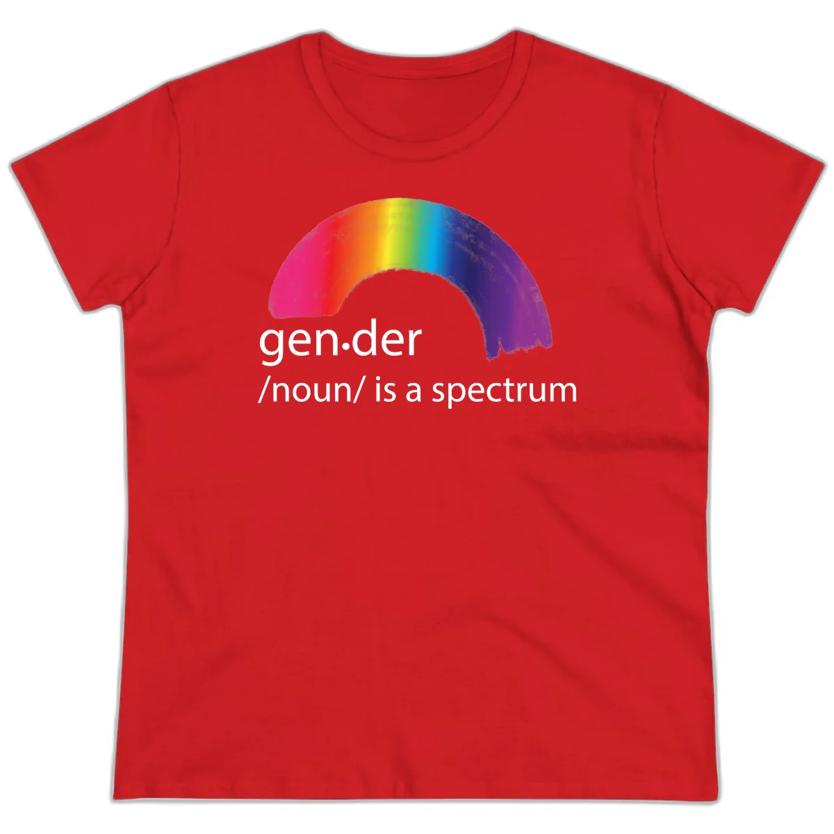 Rainbow arc with text 'gen.der /noun/ is a spectrum' celebrating gender diversity and LGBTQ pride in Red