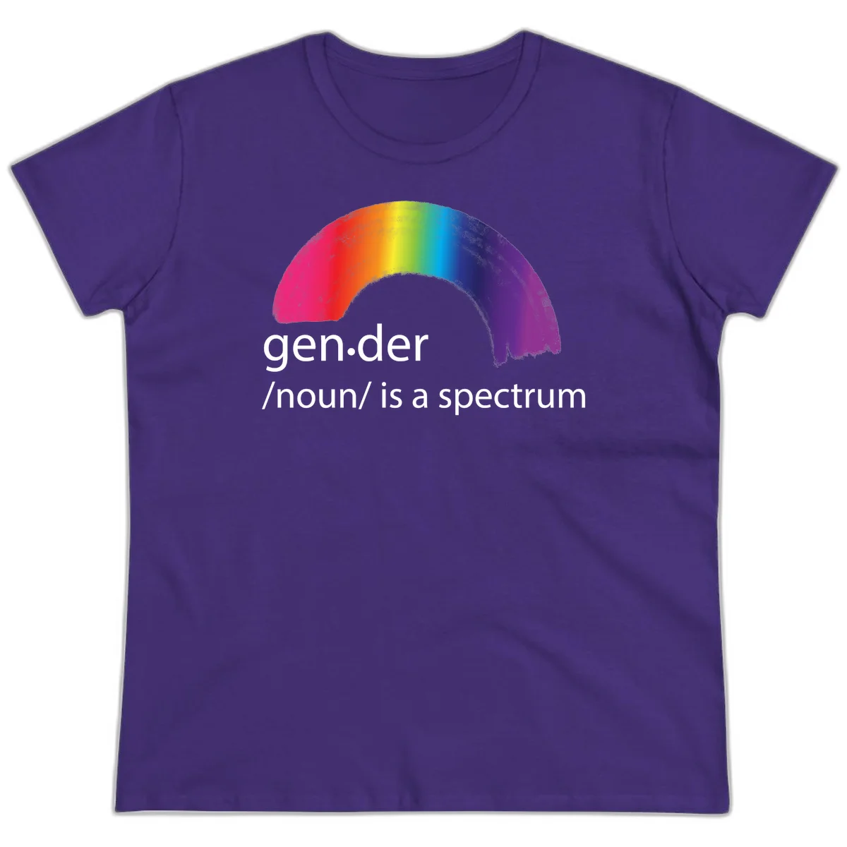 Rainbow arc with text 'gen.der /noun/ is a spectrum' celebrating gender diversity and LGBTQ pride in Purple
