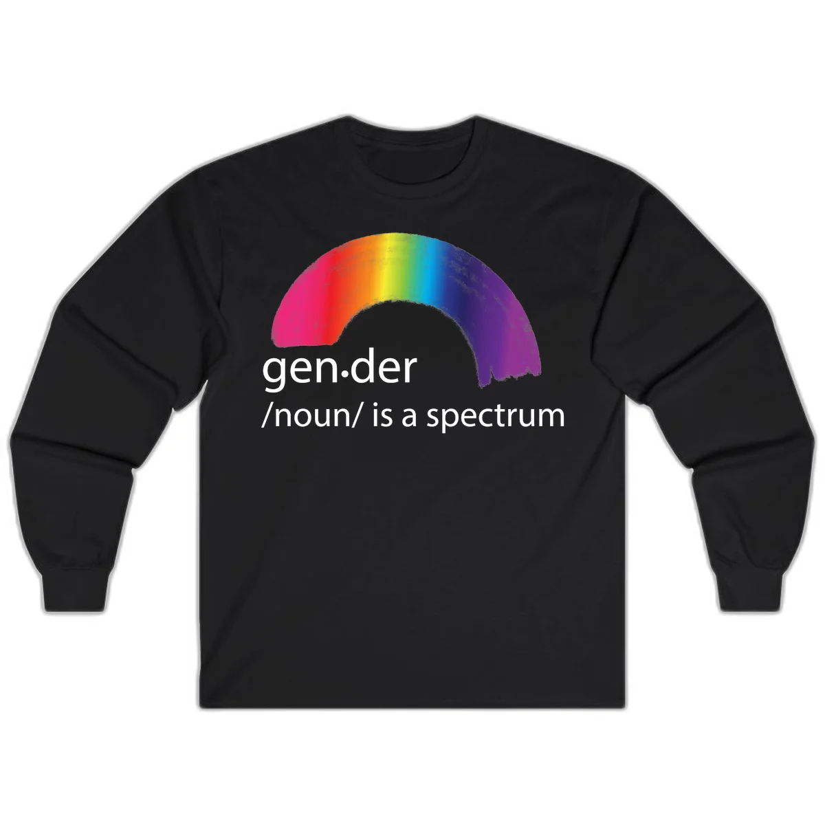 Rainbow arc with text 'gen.der /noun/ is a spectrum' celebrating gender diversity and LGBTQ pride in Black