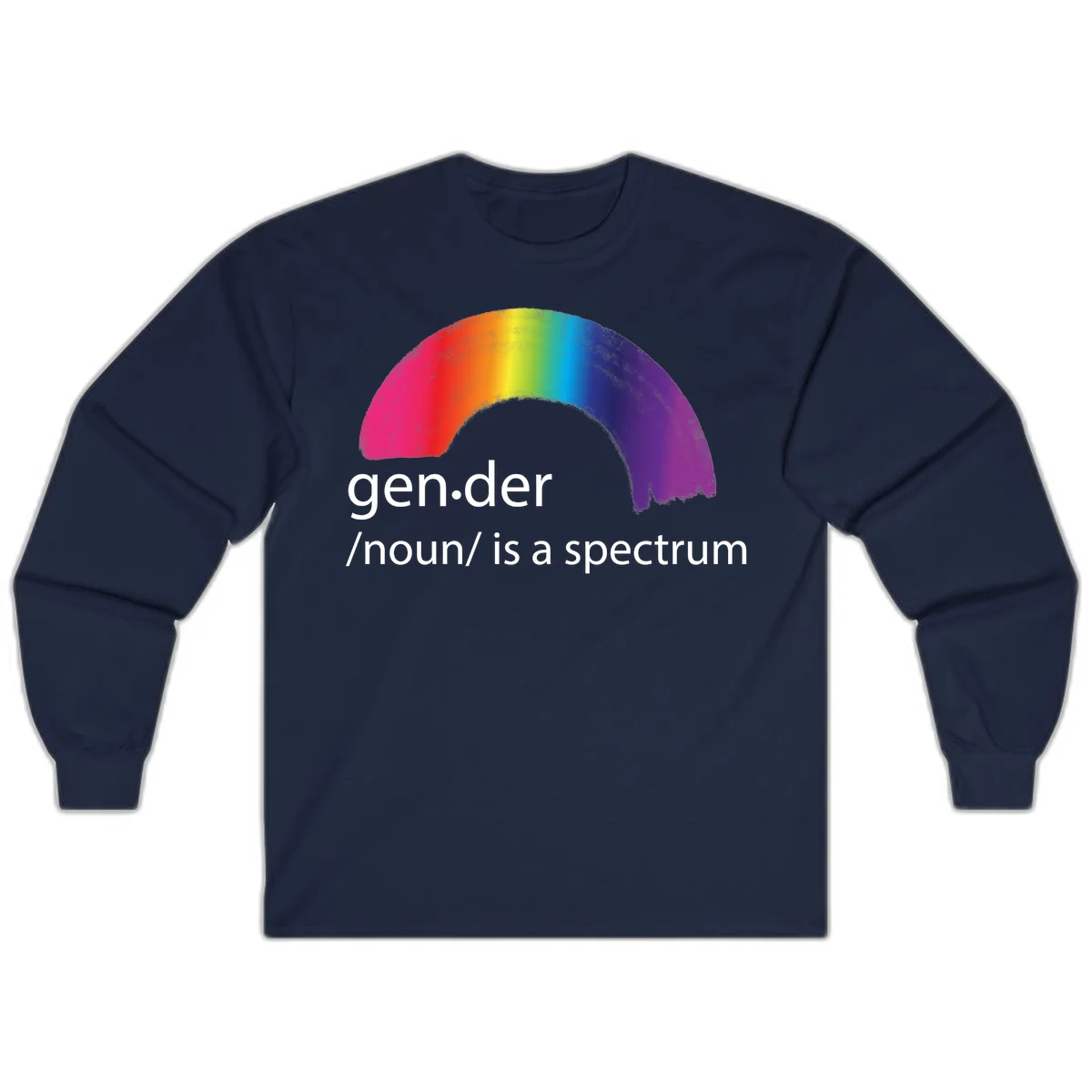 Rainbow arc with text 'gen.der /noun/ is a spectrum' celebrating gender diversity and LGBTQ pride in Navy