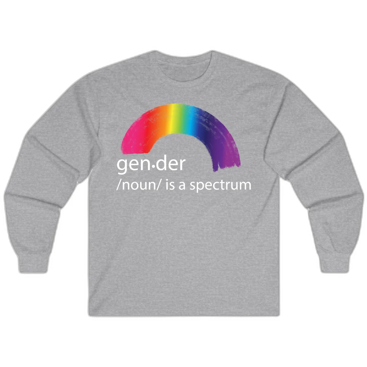 Rainbow arc with text 'gen.der /noun/ is a spectrum' celebrating gender diversity and LGBTQ pride in Sport Grey