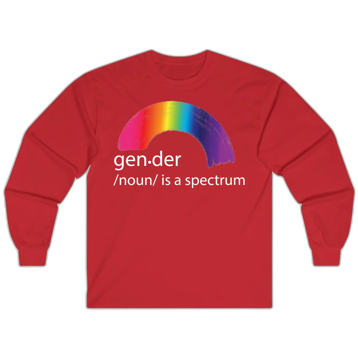 Rainbow arc with text 'gen.der /noun/ is a spectrum' celebrating gender diversity and LGBTQ pride in Red