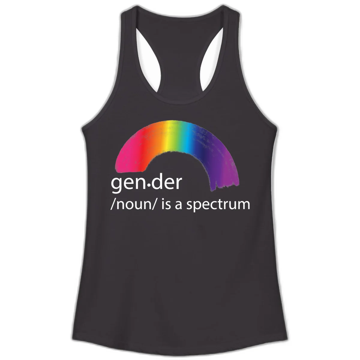 Rainbow arc with text 'gen.der /noun/ is a spectrum' celebrating gender diversity and LGBTQ pride in Black