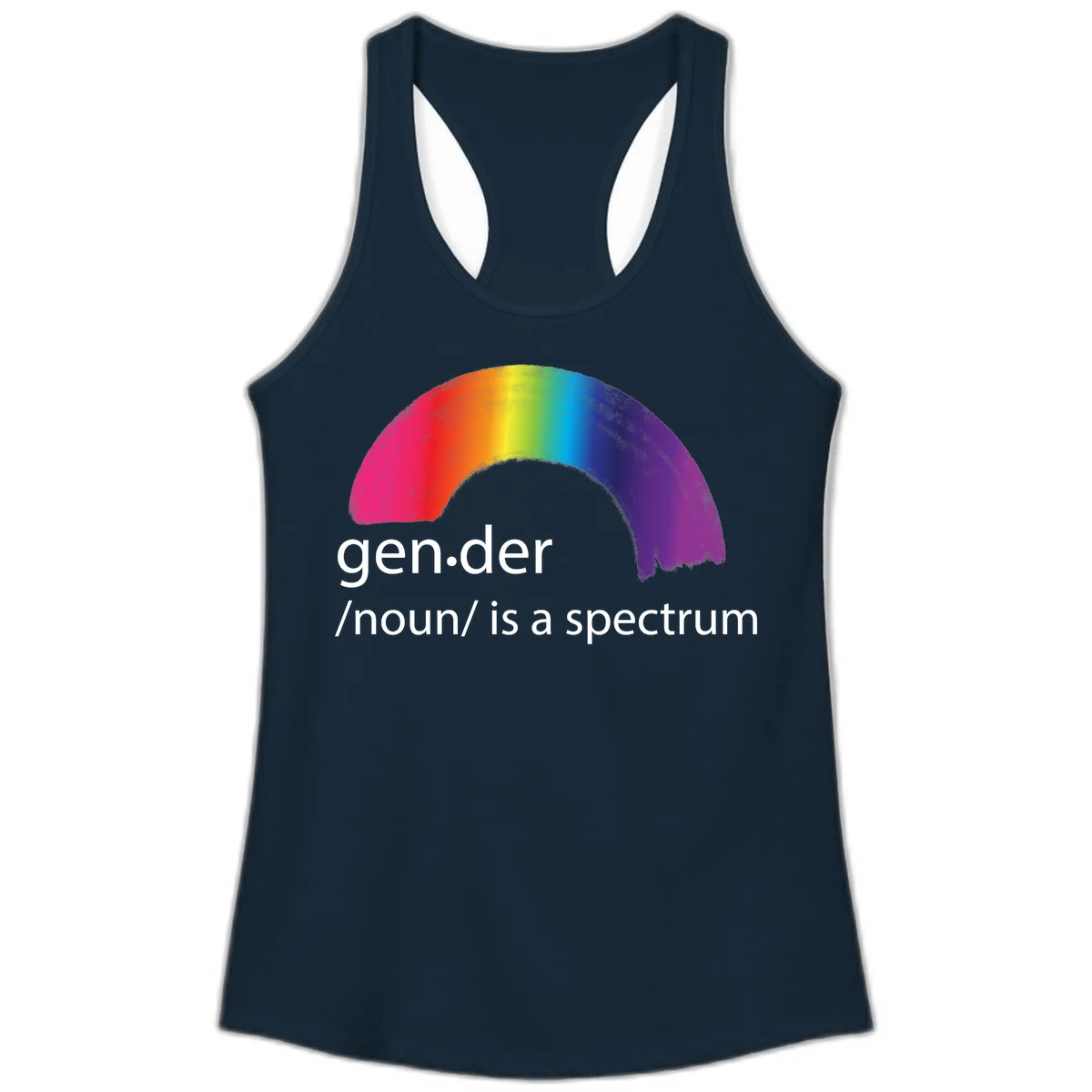 Rainbow arc with text 'gen.der /noun/ is a spectrum' celebrating gender diversity and LGBTQ pride in Solid Midnight Navy