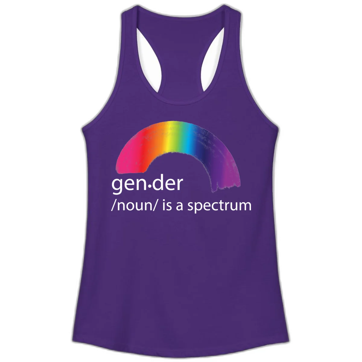 Rainbow arc with text 'gen.der /noun/ is a spectrum' celebrating gender diversity and LGBTQ pride in Solid Purple Rush