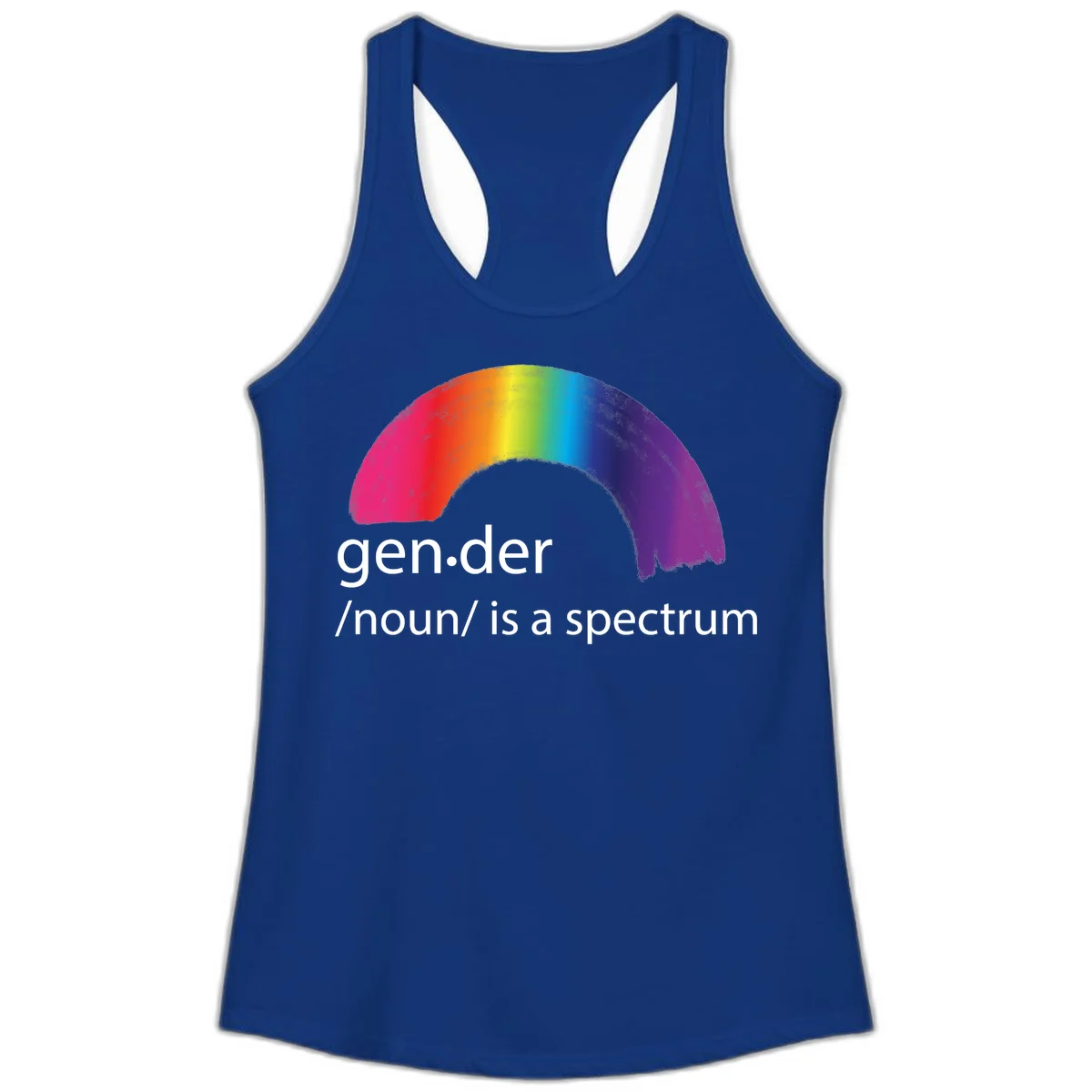 Rainbow arc with text 'gen.der /noun/ is a spectrum' celebrating gender diversity and LGBTQ pride in Solid Royal