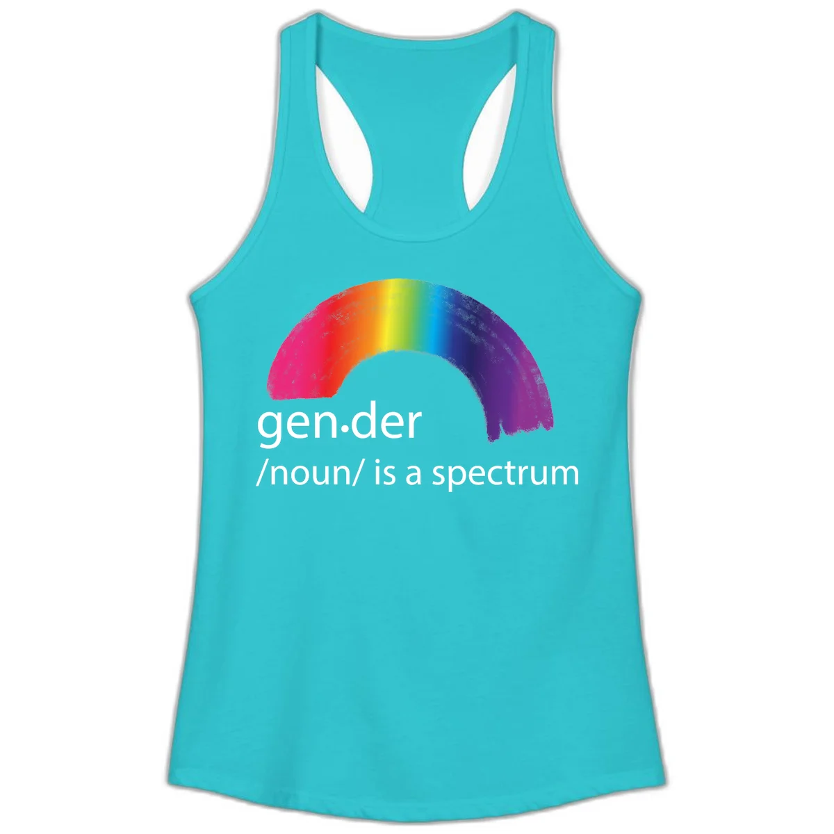 Rainbow arc with text 'gen.der /noun/ is a spectrum' celebrating gender diversity and LGBTQ pride in Solid Tahiti Blue