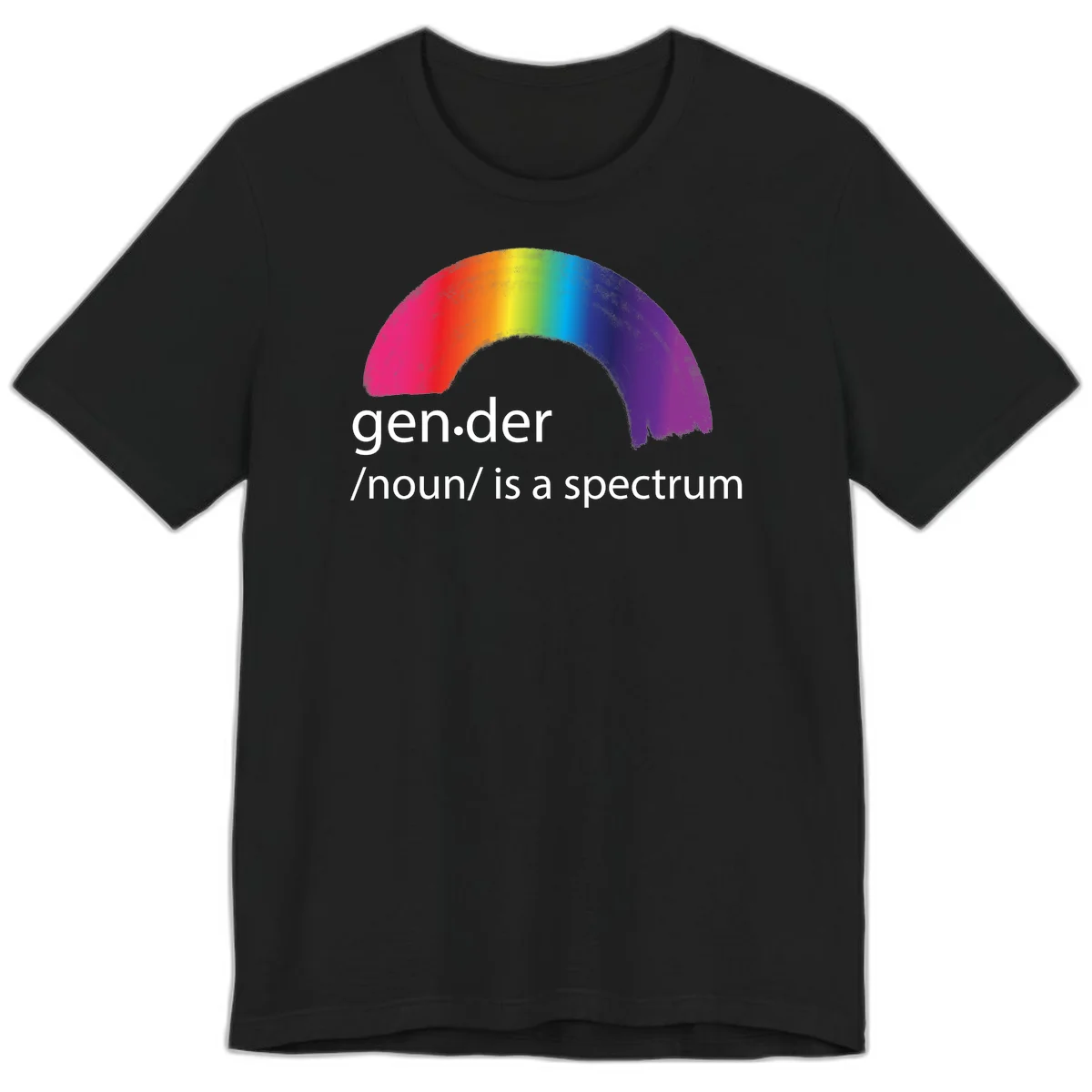 Rainbow arc with text 'gen.der /noun/ is a spectrum' celebrating gender diversity and LGBTQ pride in Black