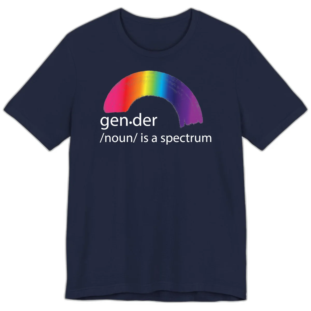 Rainbow arc with text 'gen.der /noun/ is a spectrum' celebrating gender diversity and LGBTQ pride in Navy