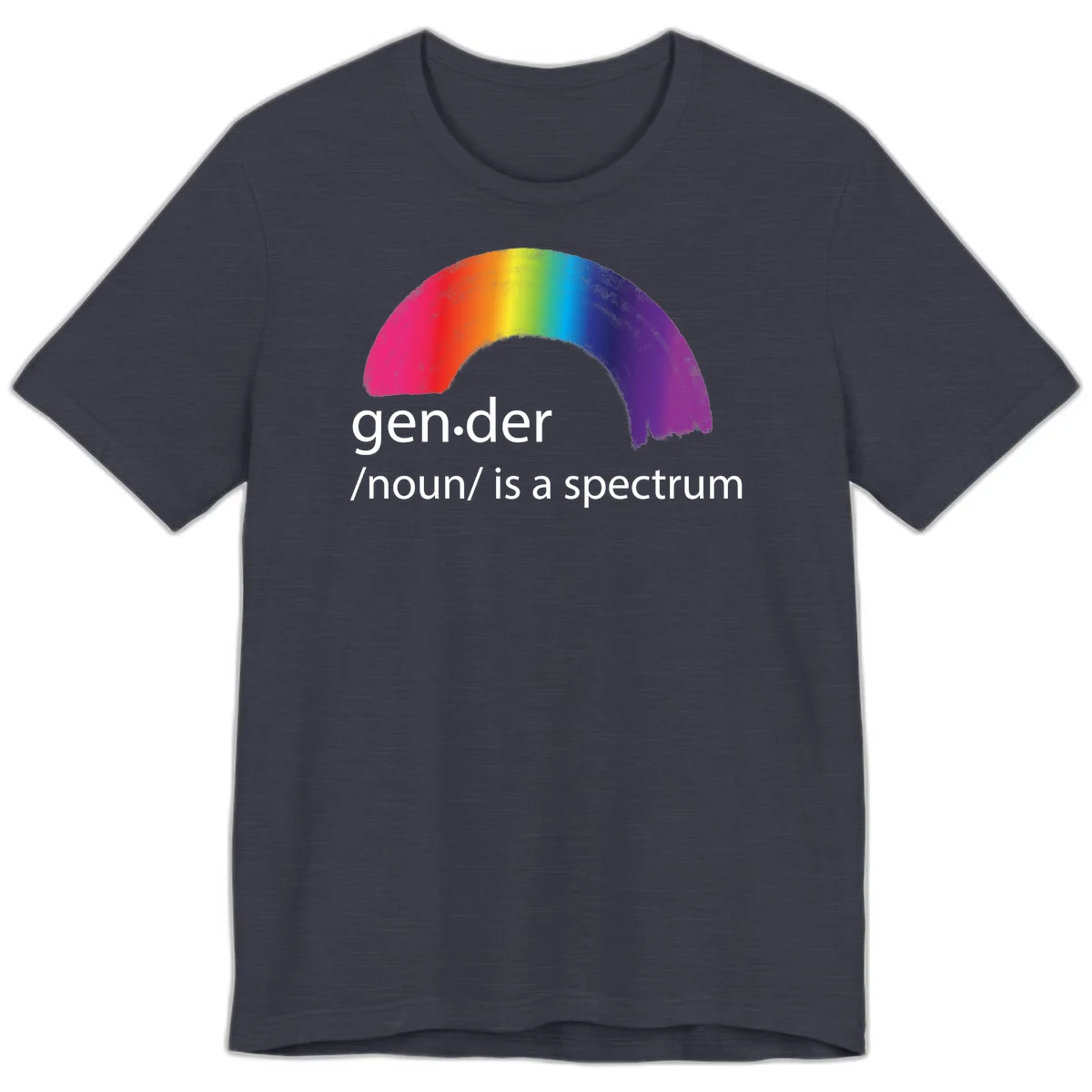 Rainbow arc with text 'gen.der /noun/ is a spectrum' celebrating gender diversity and LGBTQ pride in Heather Midnight Navy
