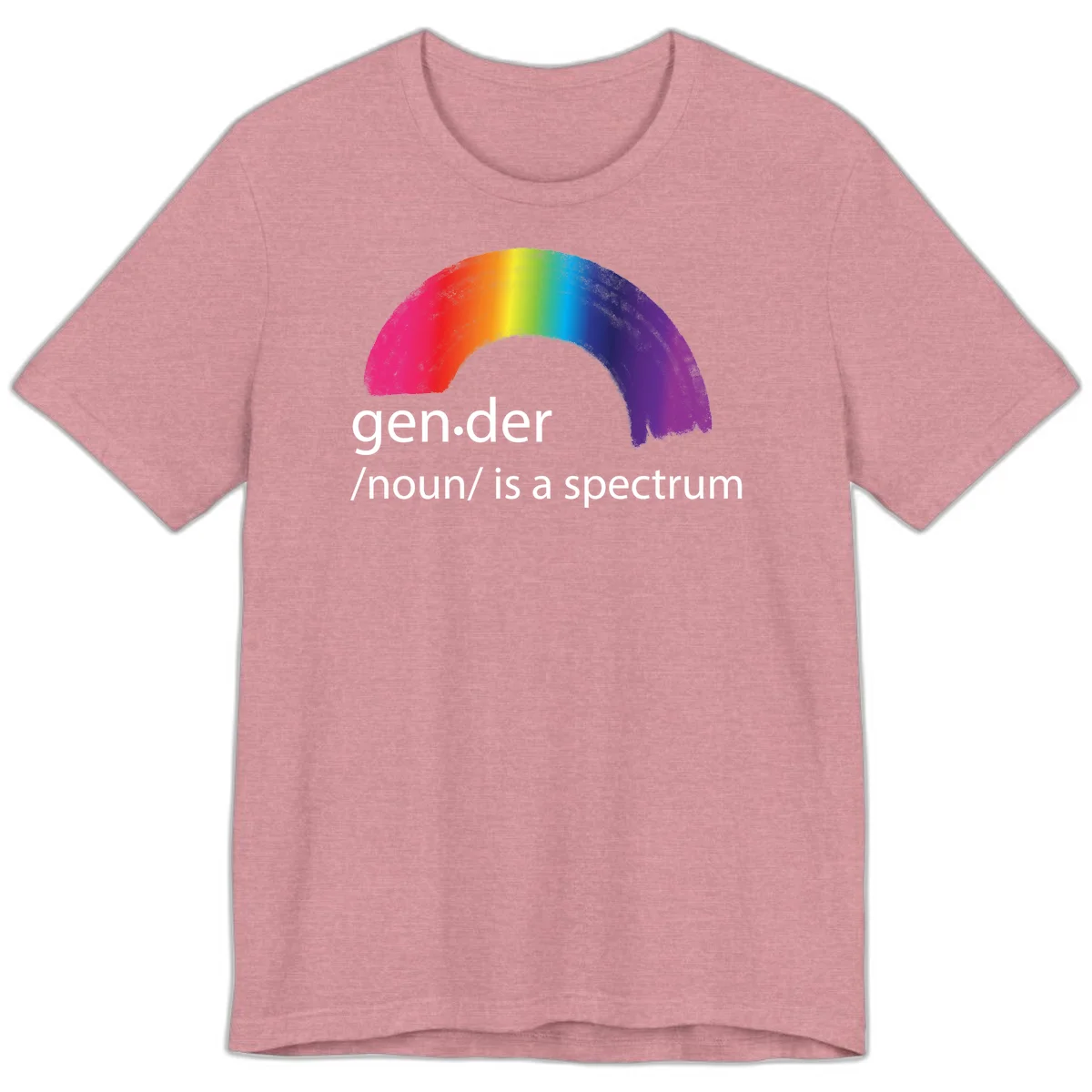 Rainbow arc with text 'gen.der /noun/ is a spectrum' celebrating gender diversity and LGBTQ pride in Heather Orchid