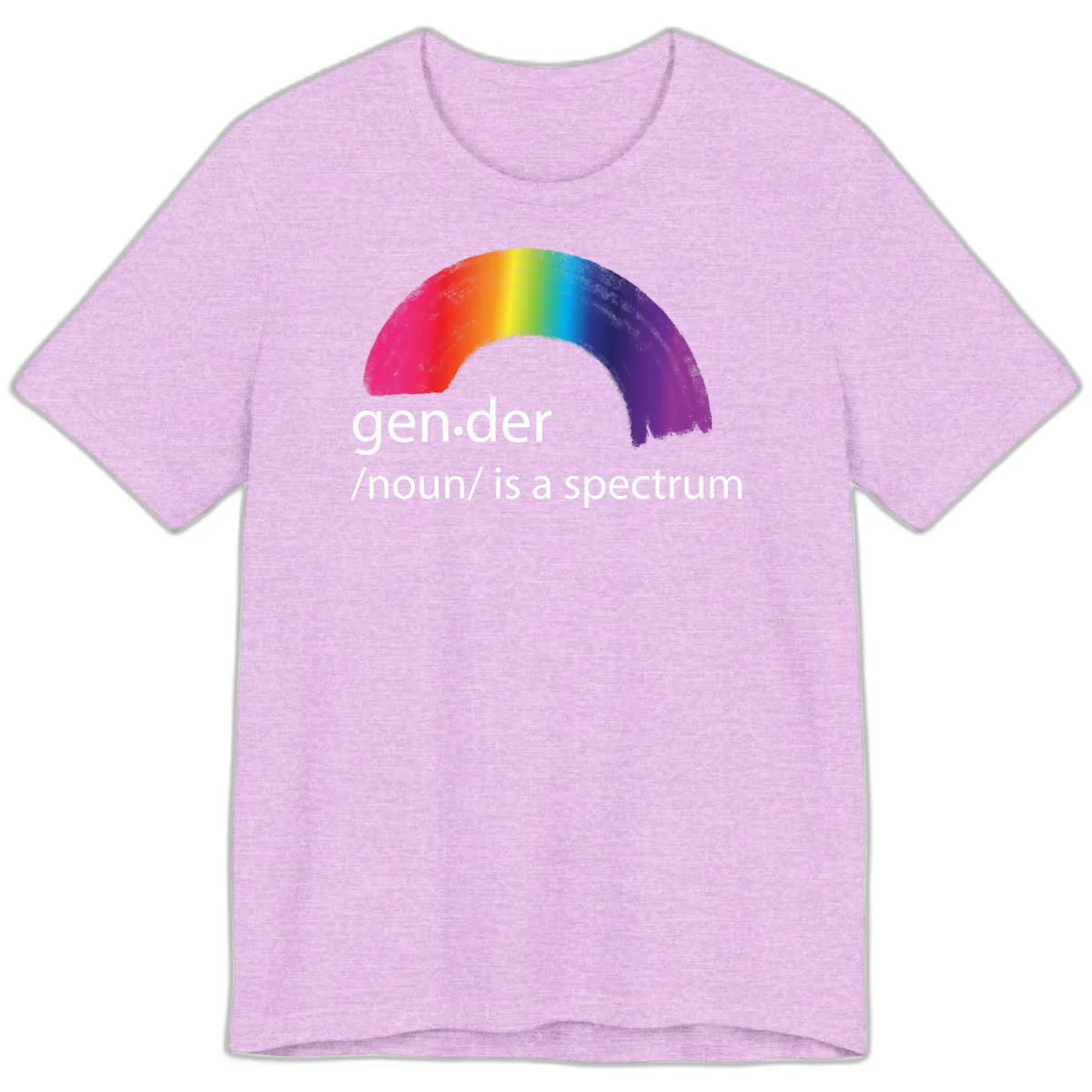 Rainbow arc with text 'gen.der /noun/ is a spectrum' celebrating gender diversity and LGBTQ pride in Heather Prism Lilac