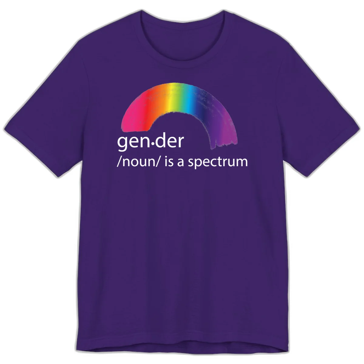 Rainbow arc with text 'gen.der /noun/ is a spectrum' celebrating gender diversity and LGBTQ pride in Team Purple