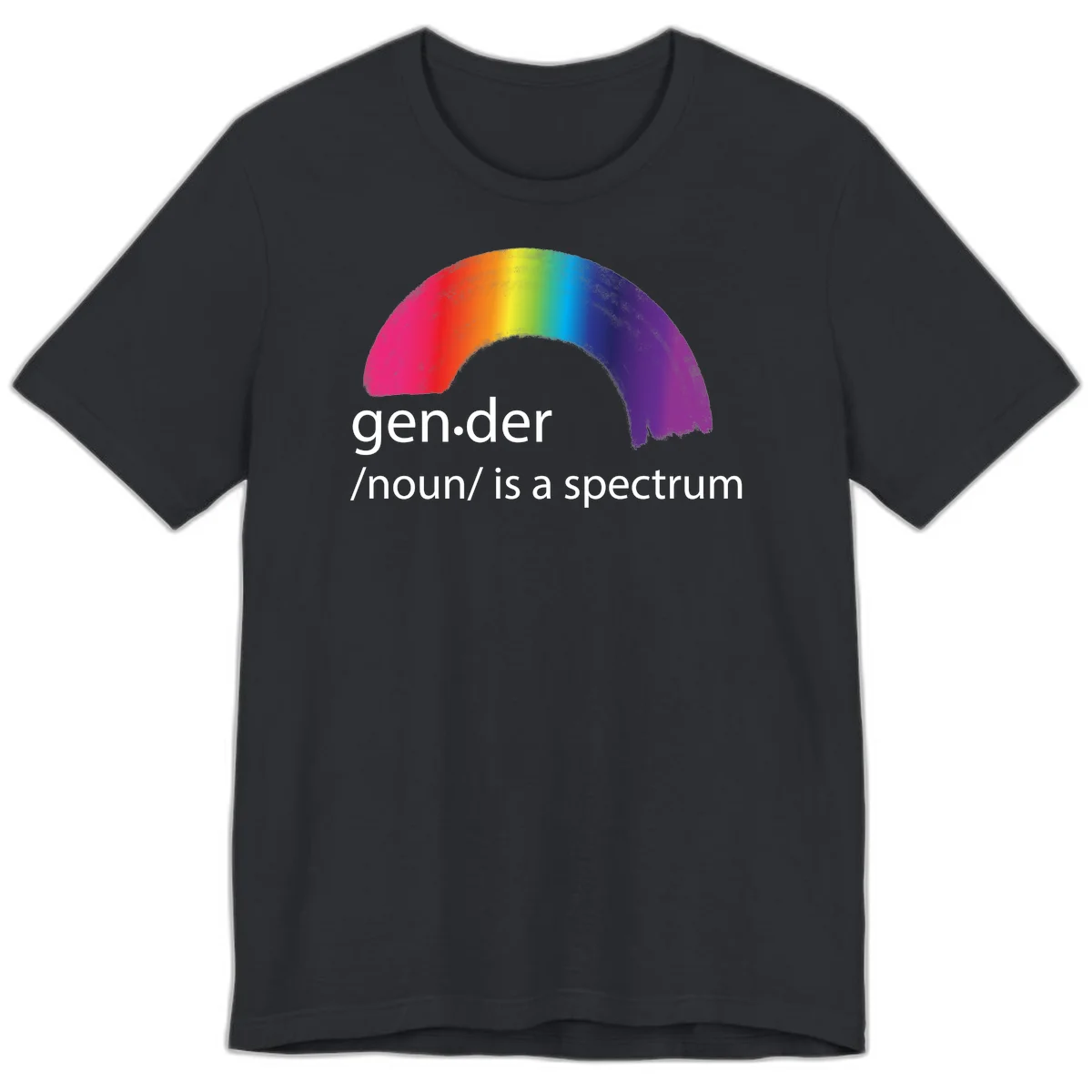 Rainbow arc with text 'gen.der /noun/ is a spectrum' celebrating gender diversity and LGBTQ pride in Vintage Black