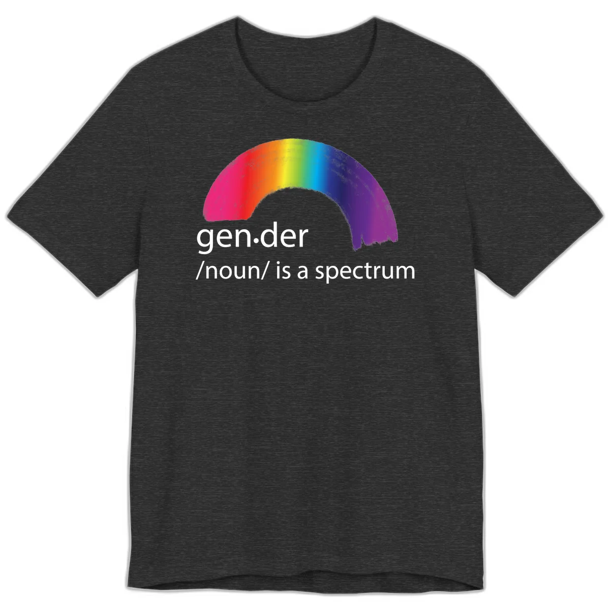 Rainbow arc with text 'gen.der /noun/ is a spectrum' celebrating gender diversity and LGBTQ pride in Dark Grey Heather