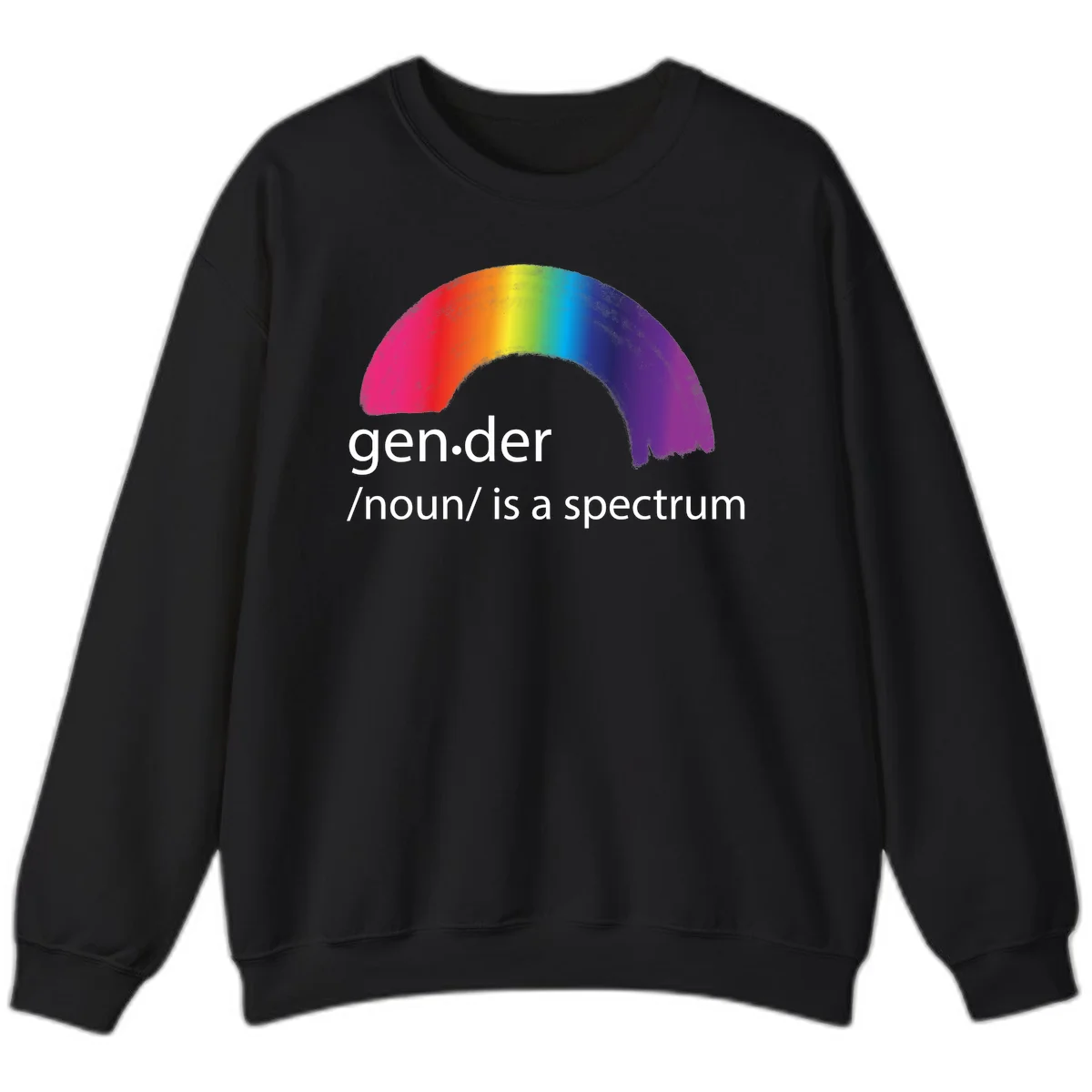 Rainbow arc with text 'gen.der /noun/ is a spectrum' celebrating gender diversity and LGBTQ pride in Black