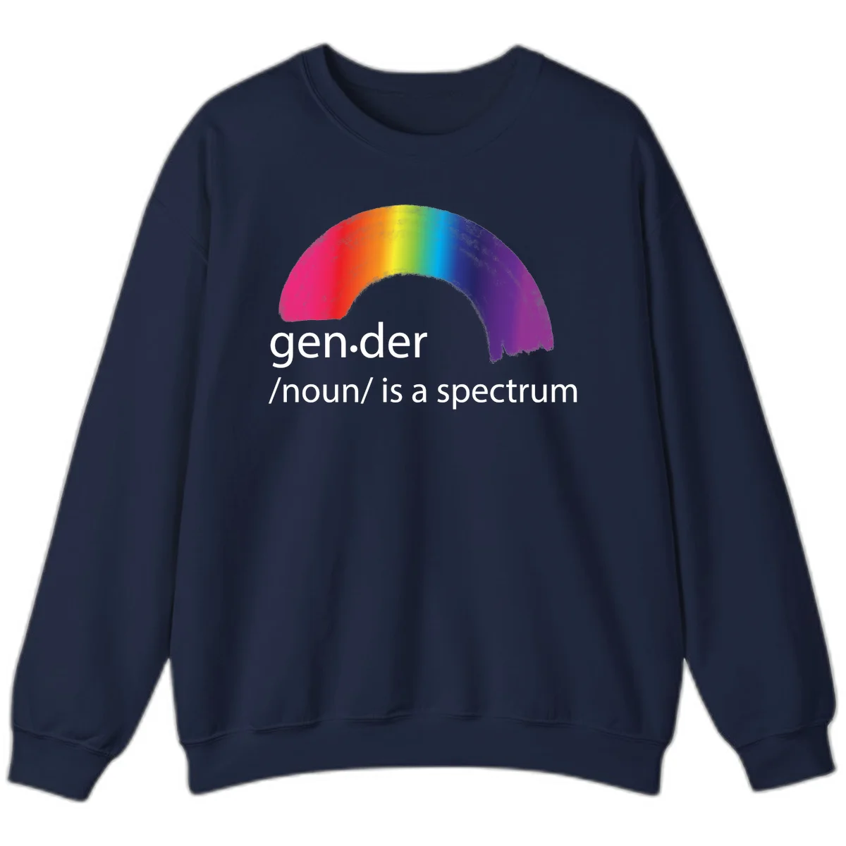 Rainbow arc with text 'gen.der /noun/ is a spectrum' celebrating gender diversity and LGBTQ pride in Navy