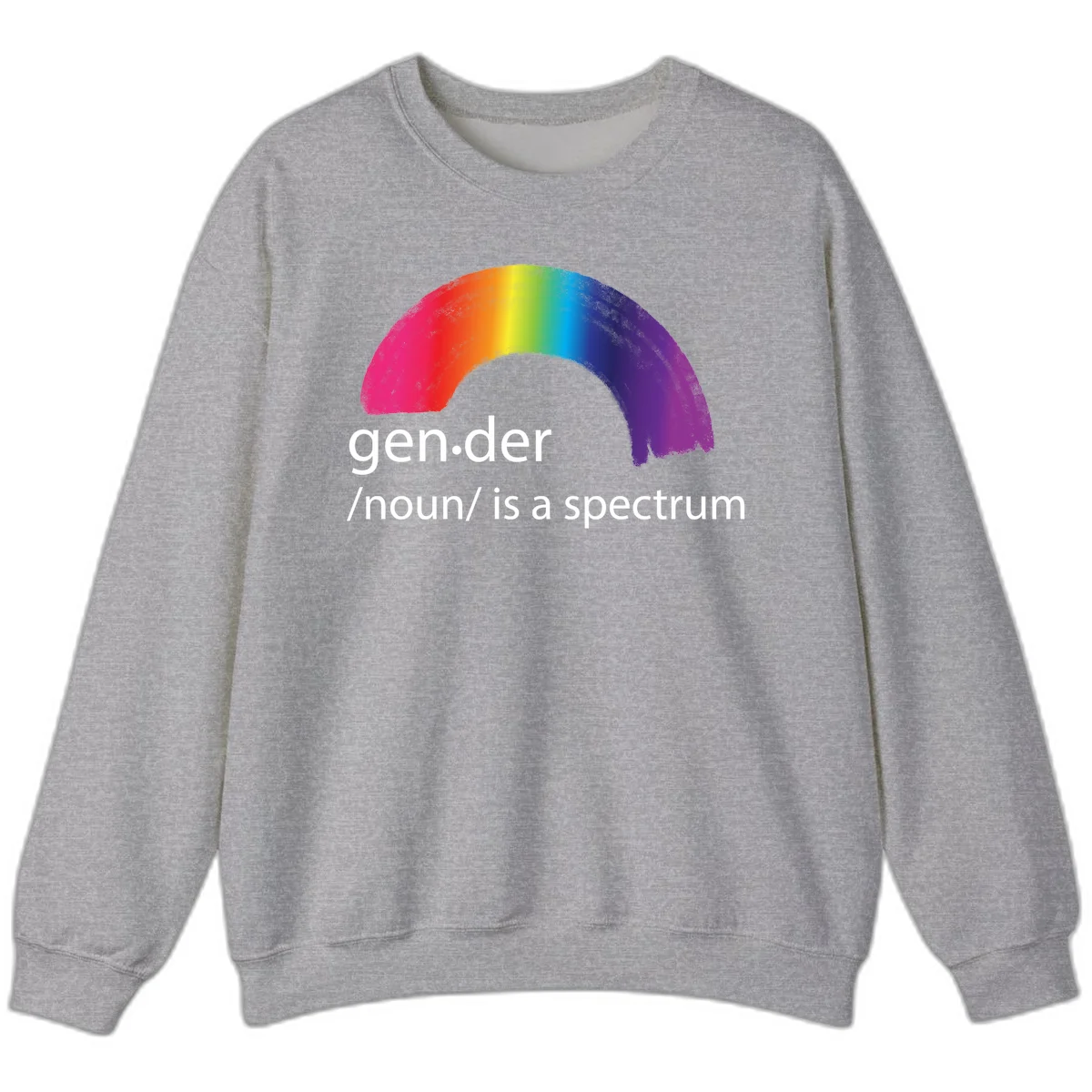 Rainbow arc with text 'gen.der /noun/ is a spectrum' celebrating gender diversity and LGBTQ pride in Sport Grey
