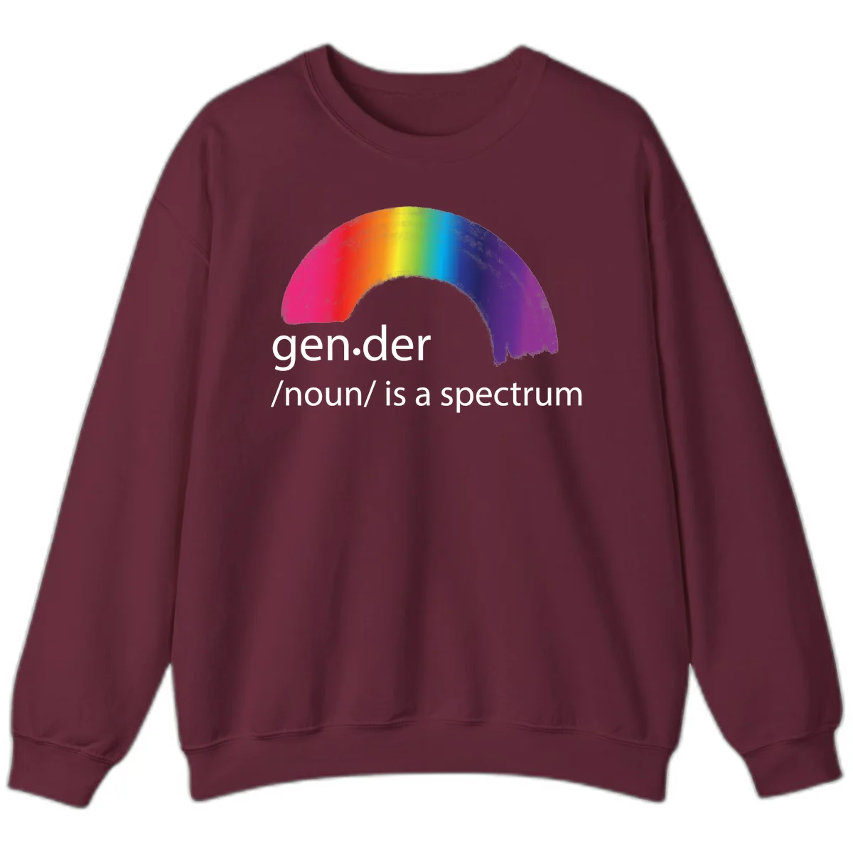 Rainbow arc with text 'gen.der /noun/ is a spectrum' celebrating gender diversity and LGBTQ pride in Maroon