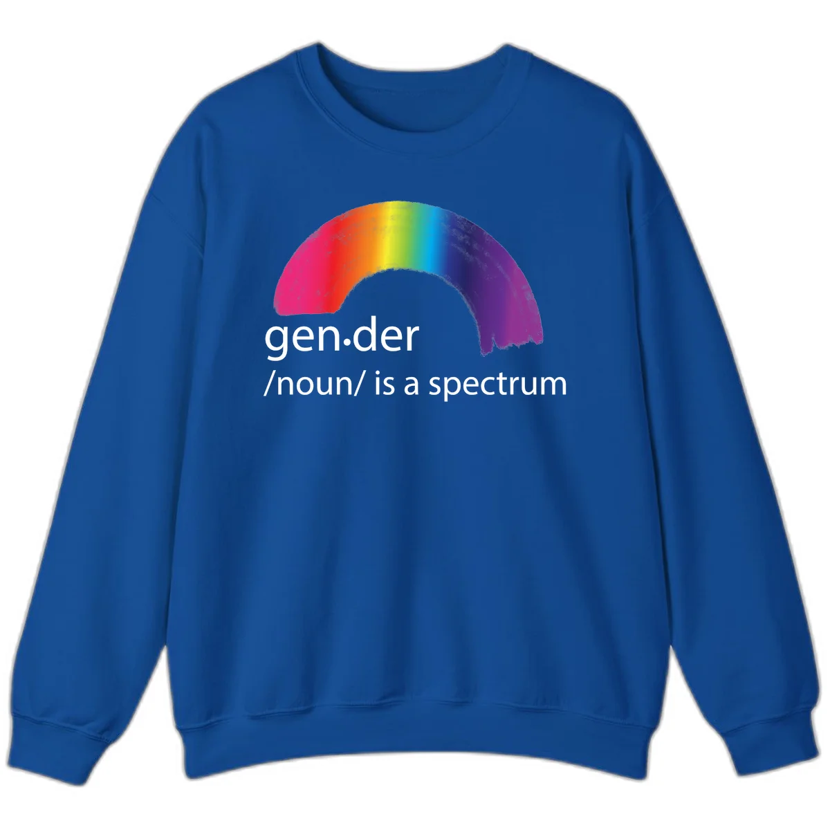 Rainbow arc with text 'gen.der /noun/ is a spectrum' celebrating gender diversity and LGBTQ pride in Royal