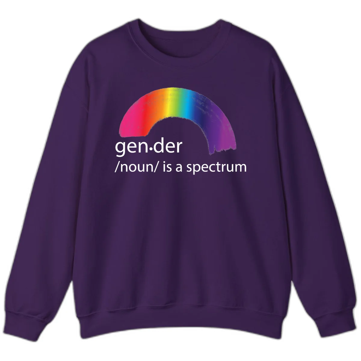 Rainbow arc with text 'gen.der /noun/ is a spectrum' celebrating gender diversity and LGBTQ pride in Purple