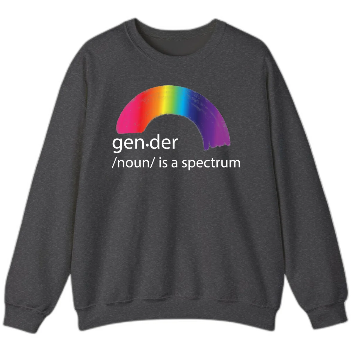 Rainbow arc with text 'gen.der /noun/ is a spectrum' celebrating gender diversity and LGBTQ pride in Dark Heather