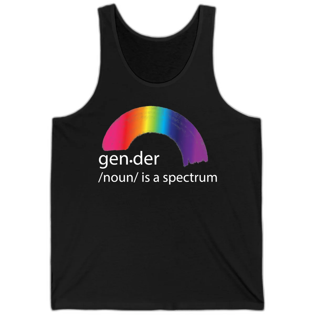 Rainbow arc with text 'gen.der /noun/ is a spectrum' celebrating gender diversity and LGBTQ pride in Black