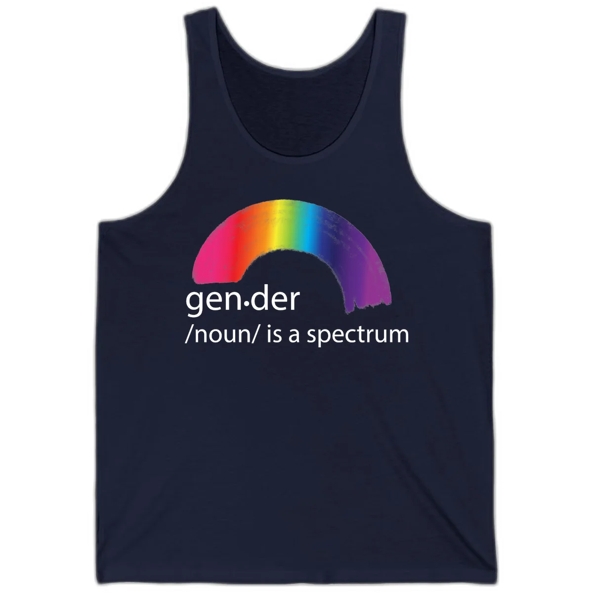 Rainbow arc with text 'gen.der /noun/ is a spectrum' celebrating gender diversity and LGBTQ pride in Navy