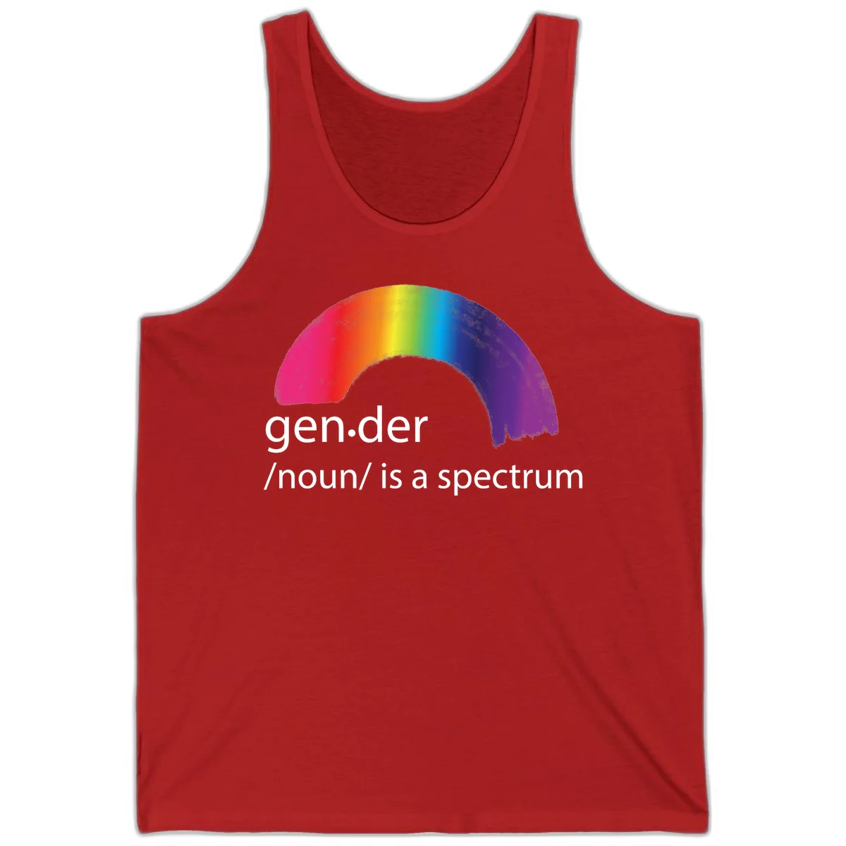 Rainbow arc with text 'gen.der /noun/ is a spectrum' celebrating gender diversity and LGBTQ pride in Red