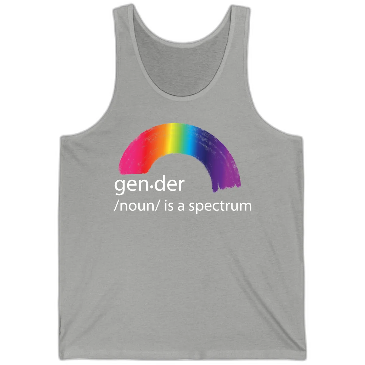 Rainbow arc with text 'gen.der /noun/ is a spectrum' celebrating gender diversity and LGBTQ pride in Athletic Heather