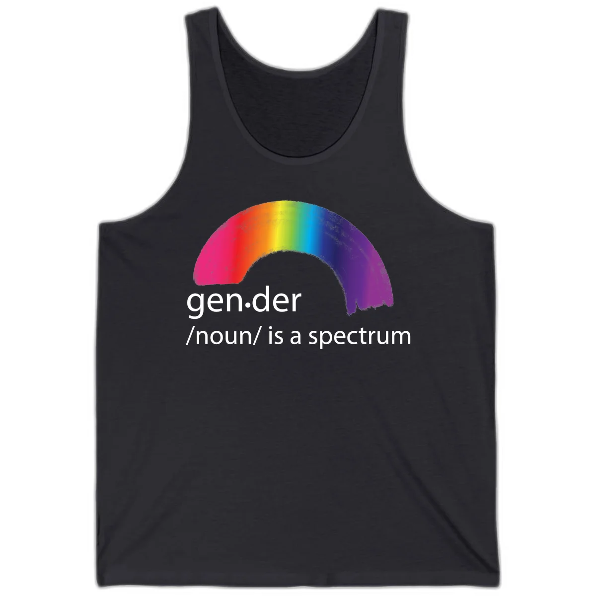Rainbow arc with text 'gen.der /noun/ is a spectrum' celebrating gender diversity and LGBTQ pride in Dark Grey