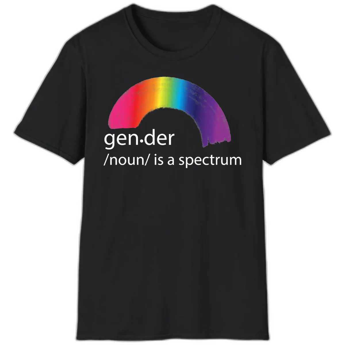 Rainbow arc with text 'gen.der /noun/ is a spectrum' celebrating gender diversity and LGBTQ pride in Black